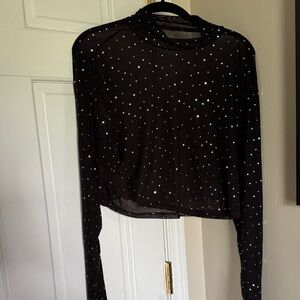 SHEIN Black Rhinestone Mesh Blouse